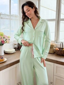 Snug Reverie Fresh Mint Green Striped Collar Pajama Set, Minimalist Comfortable 2 Pieces Loungewear - Green - View 4