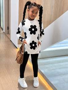 SHEIN 青少年女孩寬鬆長袖上衣與側開衩緊身內搭褲 2 件套 - 彩色 - 查看 3