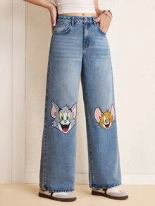 TOM & JERRY X SHEIN Women's Cartoon Pattern Wide Leg Loose Casual Denim Jeans With Pockets - Blue - View 4