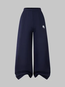 SHEIN 3件組青少年女孩時尚休閒運動套裝，抓絨，秋季穿搭，酒紅色連帽長袖拉鍊短版上衣搭配同款寬鬆休閒長褲 - 藏蓝色 - 查看 5