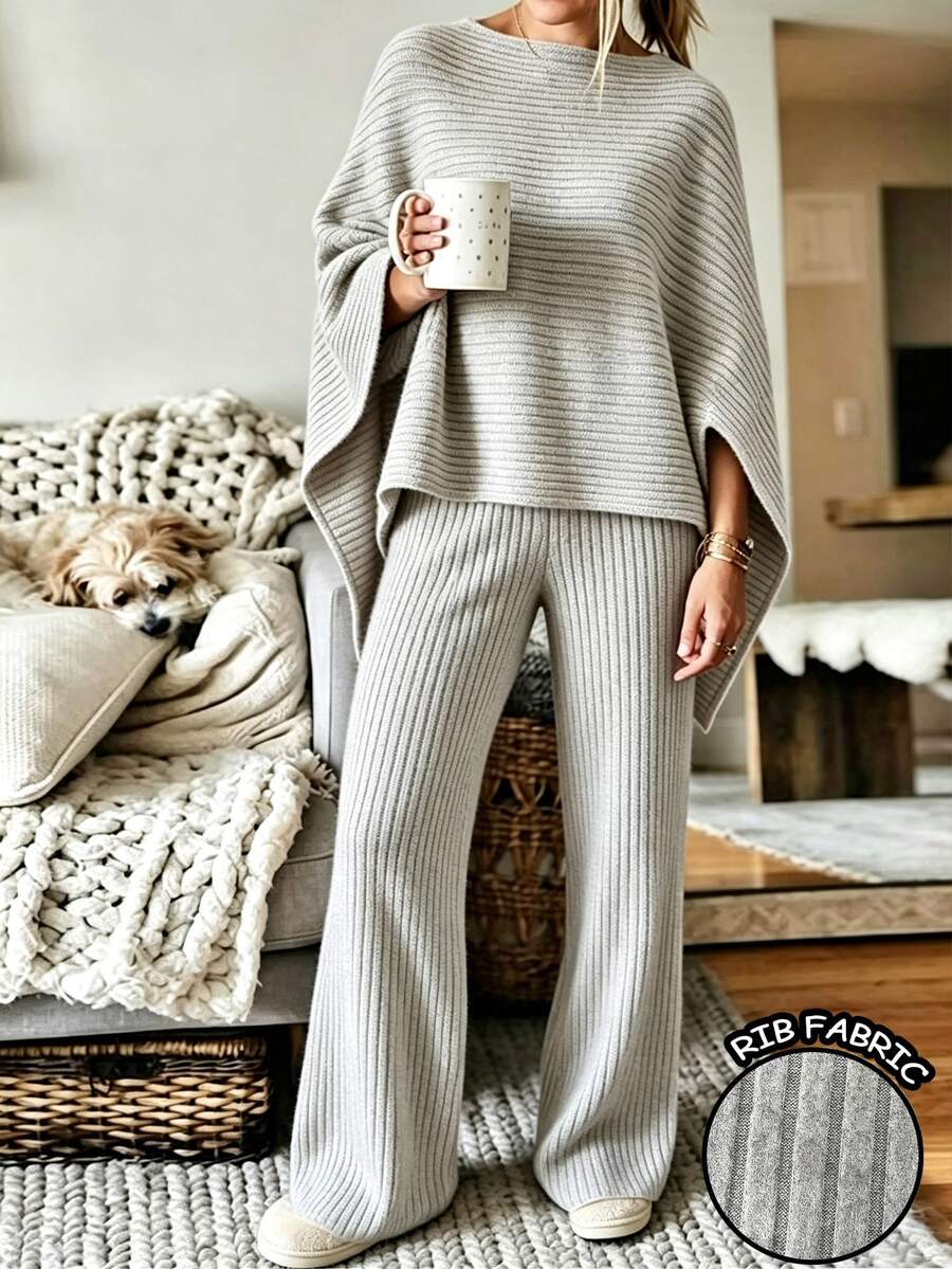 Zayélia Women's Solid Color Boat Neck Cape Sleeve Top And Pants Casual 2 Pieces Set - Grey - View 1