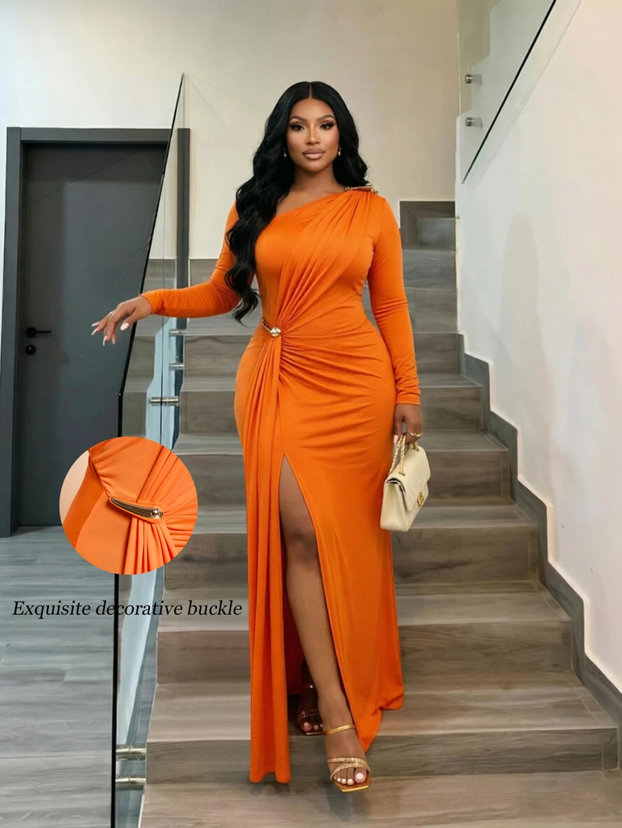 Brilight Mature Elegant Dress Long Sleeve Waist Twist Ruched Metal Buckle Draped Slit Formal Gown Wedding Dinner Cocktail Halloween Burnt Orange Fall