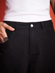 ROMWE MEN Street Life 男士休閒水洗刺繡寬腿牛仔褲 - 黑色 - 查看 5