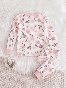 SHEIN 女嬰休閒針織花卉圖案修身居家服套裝 - 粉色 - 查看 2