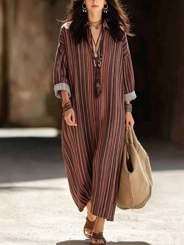 Glimmora Vintage Vacation Style Striped Casual Lazy Women's Mid-Length Dress, Bohemian Vertical Brown Tone Striped Mid-Length Dress, Vacation Style Long Sleeve Dress