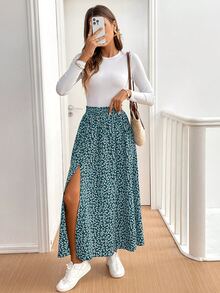 SHEIN Frenchy 女款碎花荷葉邊開衩中長裙 - 綠色 - 查看 4