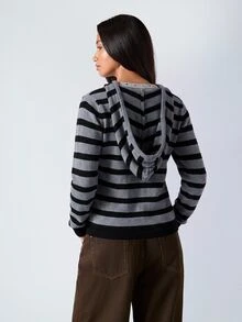 LYSMO Women's Striped Colorblock Drawstring Hooded Cardigan - Dark Grey - View 2