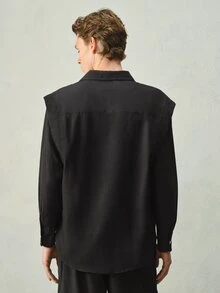 RONVEXI Men's Casual Versatile Solid Color Long Sleeve Structural Edition Shirt,Cargo/ Work - Black - View 2
