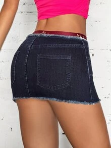 Jeanoix Rok Mini Denim Bodycon Super Pendek Pinggang Rendah dengan Ujung Berumbai untuk Wanita - Hitam - View 3