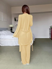 Dream Adore 3件組女款睡衣套裝，純色蕾絲拼接修身細肩帶上衣、長褲與長袖開襟外套，南法風 - 黃色 - 查看 5