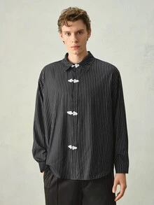 RONVEXI 男士條紋休閒百搭日常穿著長袖襯衫 - 黑色 - 查看 3