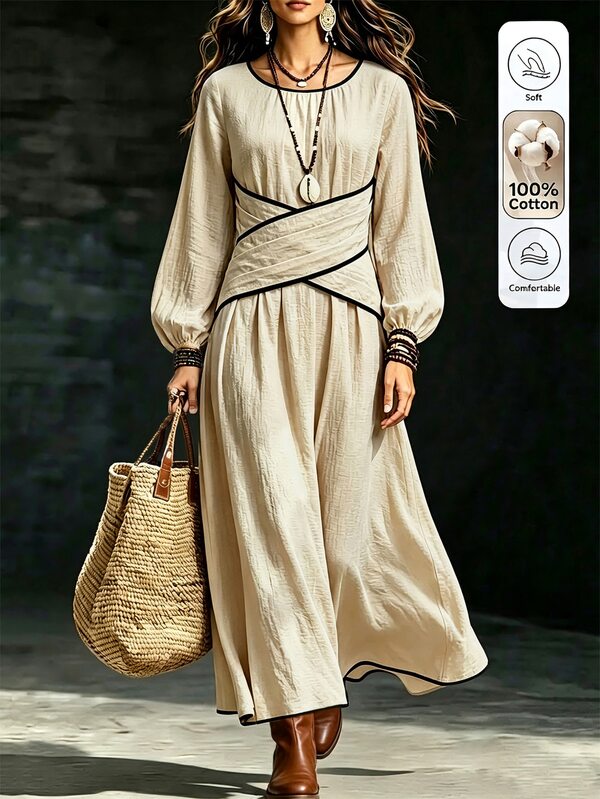 Wandoria Women's Apricot And Black Color Block Round Neck Cinched Waist Ruched Long Sleeve Loose Fit Dress, Elegant Design With Sophisticated Elegant, Birthday Gift, Date, Party, Carnival, Music Festival, Cocktail Party, Gathering, Travel, Beach, Vacation, Atmospheric Outfit, Autumn Clothing, Autumn Dress, Autumn New Arrival, Must-Have Fashion Item, Niche Design, Versatile Style, Women's Elegant Dress