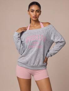 SHEIN BAE Women Grey Pink Letter Print Long Sleeve Sports Sweatshirt Gym Workout Training Running Yoga Athletic Activewear - Light Grey - View 6