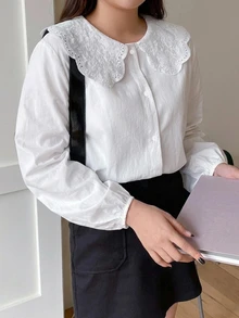 Dazy Plus Peter Pan Collar Loose Long Sleeve Versatile White Spring/Autumn New Shirt - White - View 1