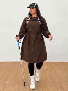 SHEIN EZwear 巧克力棕色收腰連帽大尺碼女款風衣，適合家庭度假、徒步、秋季休閒與賽車風格 - 巧克力棕 - 查看 4