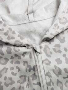 SHEIN 青少年女孩休閒淺灰色豹紋印花前拉鍊連帽衛衣外套 - 淺灰色 - 查看 5