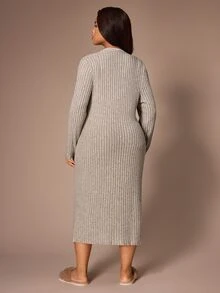 Lazeform Minimalist Solid Color Button-Front Ribbed Knit Plus Size Long Nightgown - Khaki - View 3