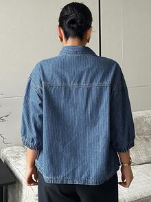 Dazy Plus Plus Size Women's Loose Street Casual Cardigan With Lapel, Patchwork Lantern Sleeves, 5-Point Sleeves, Denim Top For Spring, Summer, Autumn - Medium Wash - View 2