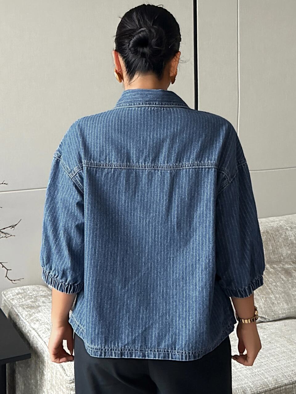 Dazy Plus Plus Size Women's Loose Street Casual Cardigan With Lapel, Patchwork Lantern Sleeves, 5-Point Sleeves, Denim Top For Spring, Summer, Autumn