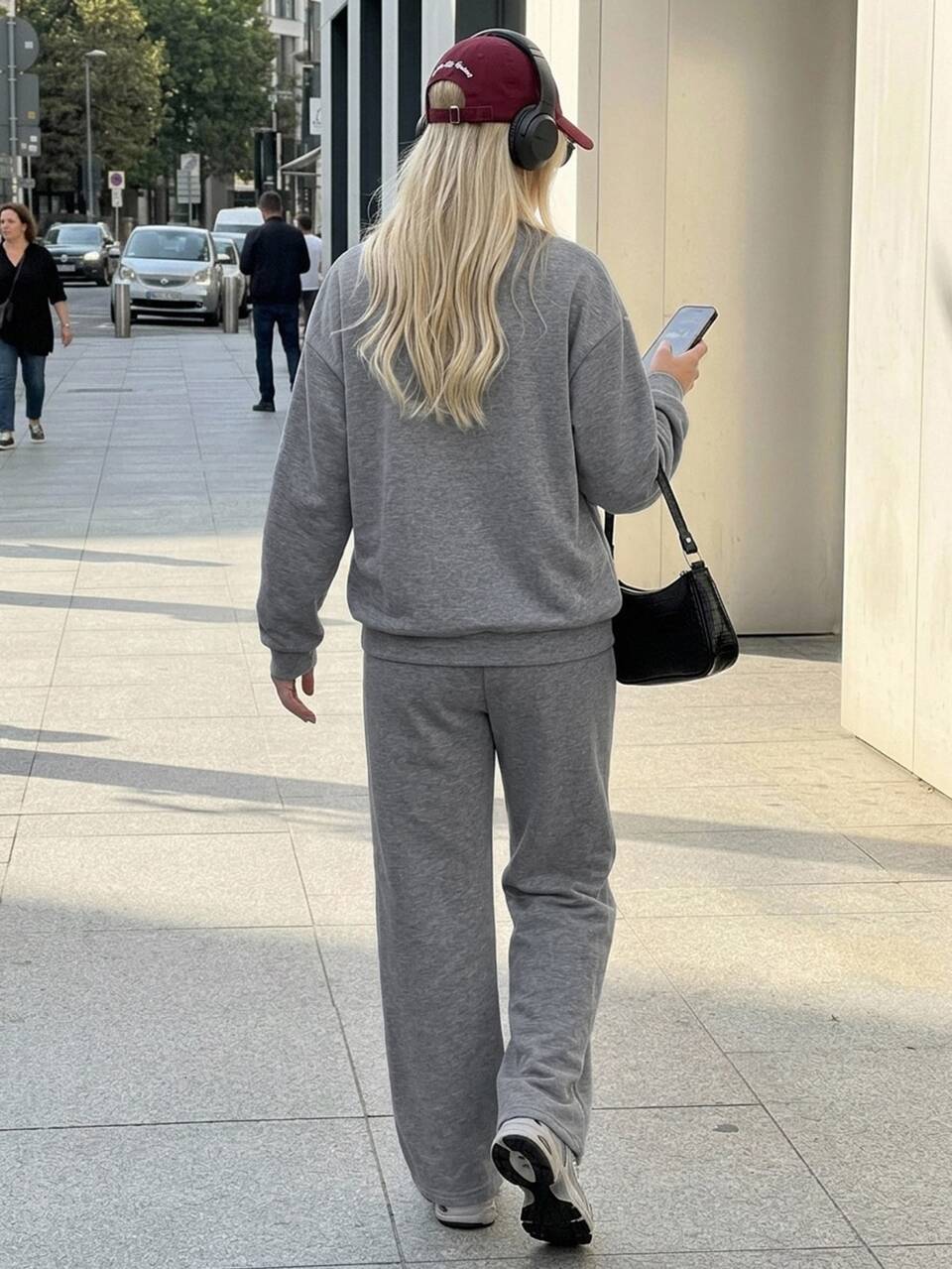 Women's 2-Piece Lounge Set, Gray Vintage Horse & Letter Print Crew Neck Loose Sweatshirt And Drapey Wide Leg Sweatpants, Autumn/Winter Pajamas