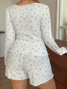Dazy Plus 2pcs Ditsy Floral Shorts Pajama Set, Spring Summer Autumn - Apricot - View 2