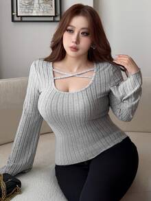 Dazy Plus Solid Color Ribbed Bodycon Sexy Hot Girl Top Spring Autumn New T-Shirt - Grey - View 5