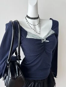 DAZY Sweater Lipit Lengan Panjang Wanita dengan Dekorasi Pita Warna Kontras, Cocok untuk Musim Gugur, Sehari-hari, Kencan, Warna Biru Tua, Romantis, Imut, Gaya Y2k - Navy Blue - View 2
