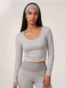 SHEIN BAE Women's Striped Long Sleeve T-Shirt And Pants Sports Set - Light Grey - View 4