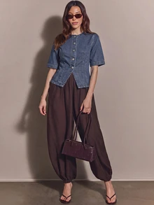 COSMINA Denim Women's Casual Commute Waist-Cinching Denim Top - Dusty Blue - View 4