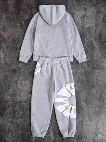 SHEIN 男嬰壓紋長袖連帽衛衣與休閒長褲套裝 - 灰色 - 查看 5