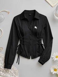 SHEIN MOD 女款優雅性感復古燈籠袖綁腰黑白襯衫，適合早午餐、夜晚外出、秋季穿搭 - 黑色 - 查看 6