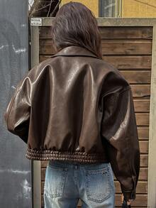 SHEIN Elladie kids 女童寬鬆黑色時尚街頭 PU 皮革長袖輕便夾克 - 棕色 - 查看 2