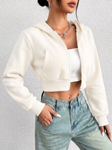 SHEIN PETITE Y2K 拉鍊短版連帽衛衣 秋冬款 - 米色 - 查看 1