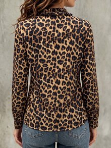 SHEIN 優雅浪漫荷葉邊V領豹紋長袖休閒襯衫，適合通勤、日常穿著、旅行與辦公室 - 棕色 - 查看 2