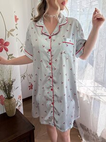 CottageSlumber Cherry Striped Print Faux Silk Shirt Style Plus Size Nightgown - Multicolor - View 5