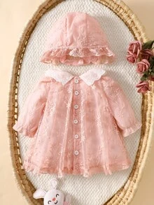 SHEIN New Born Baby Girl Spring & Autumn New Arrival, Floral Lapel Ruffle Hem Lace Princess Dress + Matching Lace Trim Hat - Pink - View 4