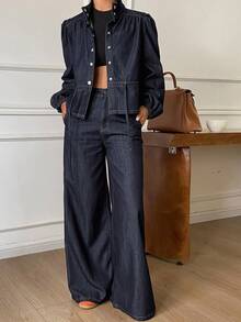 DAZY Women's Stand Collar Waist-Cinching Top And Loose Long Pants Casual Denim Set Fall - Dark Wash - View 4