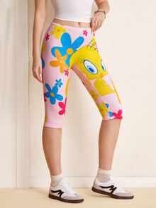 LOONEY TUNES X SHEIN Women's Floral Print Contrast Lace 3/4 Length Leggings - Baby Pink - View 4