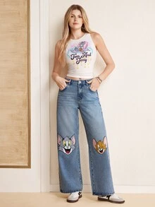 TOM & JERRY X SHEIN Women's Cartoon Pattern Wide Leg Loose Casual Denim Jeans With Pockets - Blue - View 5
