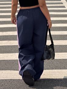 Muchica Plus Size Women's Pink Bow Navy Blue Side Stripe Long Pants - Navy Blue - View 2