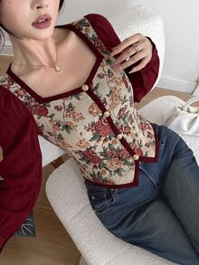 Feyla Blus Gaya Vintage Baru dengan Motif Patchwork Campuran Kain Warna Blok, Serbaguna untuk Sehari-hari, Membentuk Pinggang, Melangsingkan, Cocok untuk Pesta dan Liburan - Burgundy - View 2