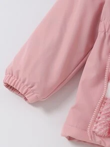 Sparklyn 1件女童冬季新款粉色花卉保暖內裡拉鍊彈性腰連帽衛衣，加厚保暖百搭休閒通勤時尚外套 - 粉色 - 查看 3