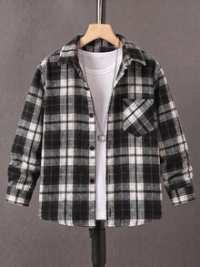 SHEIN 青少年男孩秋季休閒格紋襯衫 - 黑與白 - 查看 3