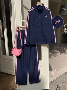 SHEIN 女童小女孩拼色條紋拉鍊外套配蝴蝶結、鬆緊腰長褲，復古套裝，日常穿著校園開學裝 - 藍色 - 查看 5