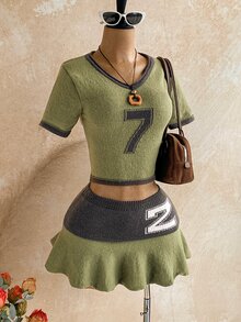 Soleia Sweater Lengan Pendek Motif Angka Hijau dan Putih untuk Sehari-hari di Sekolah, Musim Gugur, Gaya Preppy Streetwear - MultiWarna - View 4