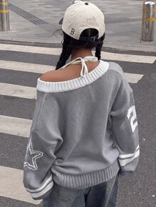 Muchica Suéter de mujer con patrón de números y patchwork de bloques de color gris claro - Gris Claro - Ver 2