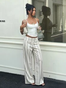 Aloruh 女款腰部鈕扣設計條紋寬腿長褲 - 彩色 - 查看 7
