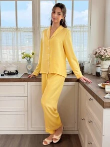 Snug Reverie Solid Color Green Collar Trim Long Sleeve Pants 2 Pieces Set Loungewear Pajamas - Yellow - View 5