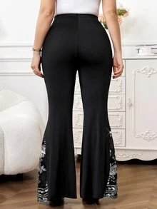 SHEIN Clasi 大尺碼優雅派對亮片網紗拼接喇叭褲 - 黑色 - 查看 8
