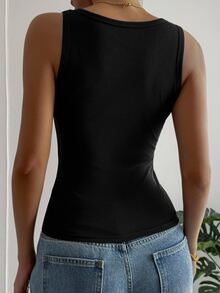 DAZY Women's Solid Color Square Neck Single-Breasted Fitted Casual Tank Top - Black - View 2